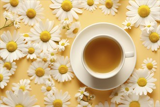 Top view of cup of Camomile tea surrounded by flowers. KI generiert, generiert AI generated