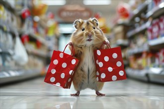 A humanised field hamster stands in a supermarket and holds two shopping bags in its hands,