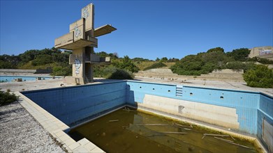 Old abandoned swimming pool with graffiti and algae-infested water, surrounded by nature on a sunny