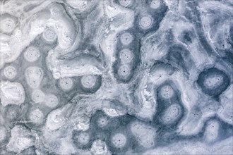 Aerial view of ice formations on a frozen lake, winter, Riegsee, Alpine foothills, Upper Bavaria,