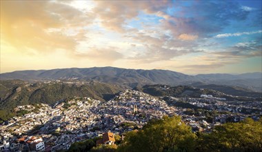 Mexico, Taxco city lookout overlooking scenic hills and colorful colonial historic city center,