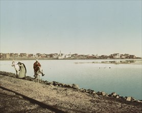 Suez, from the dam, Egypt, Historical, digitally restored reproduction from a 19th century