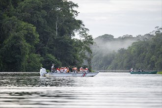 Tourists explore the river in the rainforest by boat, dense vegetation, Tortuguero National Park,