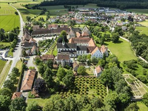 Aerial view of the village of Heiligkreuztal with the cathedral and the former Cistercian nunnery,