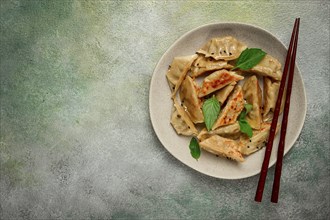 Japanese fried dumplings, gyoza, sesame seeds, top view, no people