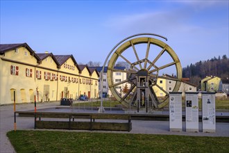 Water wheel, Salinenpark, Traunstein, Chiemgau, Upper Bavaria, Bavaria, Germany, Europe