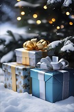 Collection of beautifully wrapped Christmas presents, shiny ribbons and bows, stacked under a