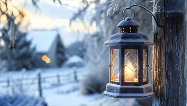 Vintage-style Christmas lantern hanging on a rustic post, covered in frost and surrounded by