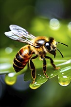 Close up of a vibrant bee glistening with raindrops on its wings, AI generated