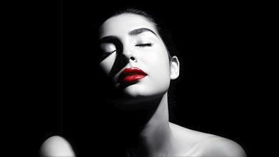 Black and white bodyscape capturing a young woman with red lips and eye shadow, AI generated