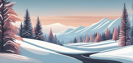 Abstract winter wonderland with minimalist stylized pine trees and snowdrifts using soft pastel