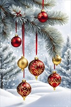 Abstract illustration of a set of ornate Christmas ornaments hanging on a snow-covered pine tree