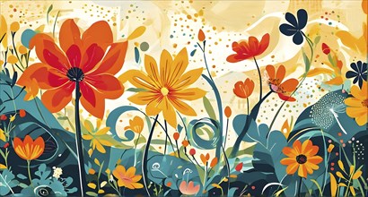 Playful abstract illustration of a spring garden with exaggerated, colorful floral forms, and