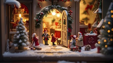 Traditional advent calendar door opening, showing a tiny festive scene inside with miniature