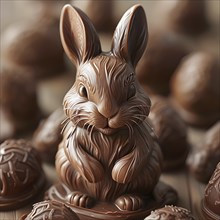 Easter bunny figurine made of chocolate, with a soft focus on intricate patterns and glossy