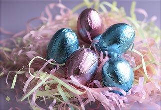 Small chocolate Easter eggs wrapped in shiny foil, placed on a bed of shredded pastel-colored