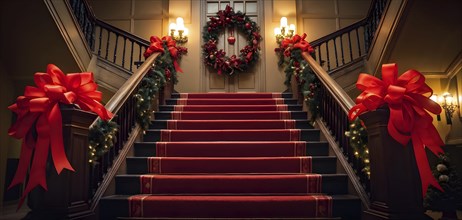 Elegant Christmas holiday staircase lined with garlands, red ribbons, and glowing lanterns, leading