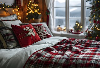 Cozy winter bedroom with flannel sheets, holiday throw pillows, with a warm glow filling the room,