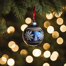 Christmas ornament hanging on a tree, with reflections of twinkling lights and fireplace flames