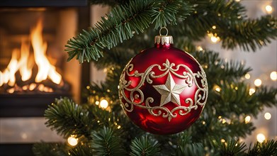 Christmas ornament hanging on a tree, with reflections of twinkling lights and fireplace flames