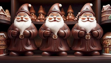 Cheerful looking chocolate Santas lined up on a shelf in a shop, AI-generated image, AI generated