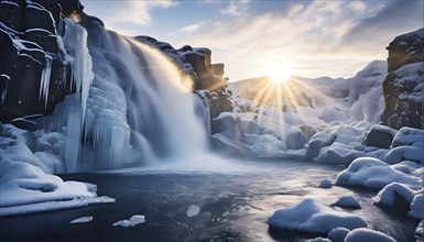 Winter landscape of a frozen waterfall, surrounded by icicles and snow-covered rocks, with the