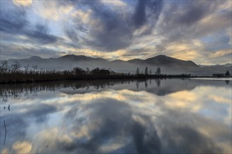 Mountains reflected in a lake at sunrise, cloudy mood, winter, Loisach-Lake Kochel moor, Alpine