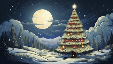 Illustration of a Christmas tree in a snowy landscape on a starry night with a full moon,