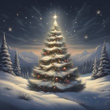 Illustration of a Christmas tree in a snowy winter landscape at night, AI-generated image, AI