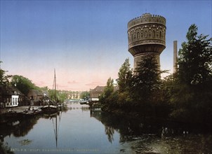 The water tower in Delft, Holland, ca 1895, Historical, digitally restored reproduction from a 19th