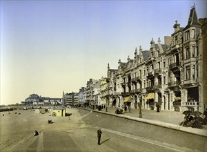 The dyke, beach promenade and Kursaal in Ostend, Belgium, ca 1895, Historical, digitally restored