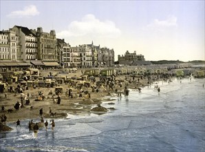 The beach at high tide, Ostend, Belgium, ca 1895, Historical, digitally restored reproduction from