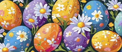 Abstract illustration of of vibrant-colored Easter eggs, surrounded by delicate spring flowers, AI