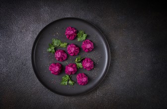 Beetroot khinkali, mini khinkali, purple, Georgian cuisine, no people