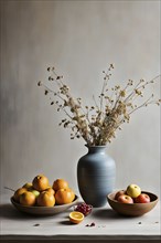 Still life scene of a simple wooden table with a vase of dried flowers, a few ceramic bowls, and