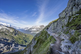 Mountaineer on a hiking trail, view of Bergipano, Chamonix, Haute-Savoie, France, Europe