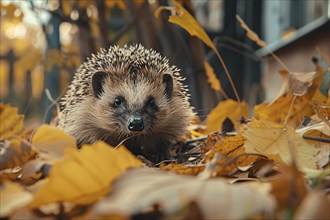 Single hedgehog in garden with autumn leaves. Generative Ai, AI generated