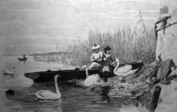 Couple feeding swans after a trip in a rowing boat, illustration from 1887, historical, digital