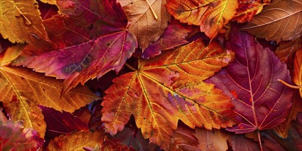 Close up of colorful maple autumn leaves. Generative AI, AI generated