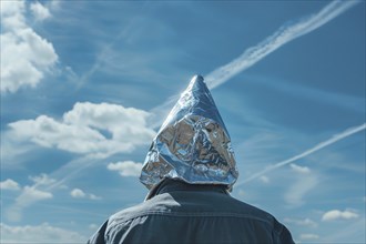 Chemtrail conspiracy theory concept with back view of man with tinfoil hat looking at sky with