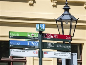 Signpost showing directions to local attractions, downtown city Brandenburg, state Brandenburg,