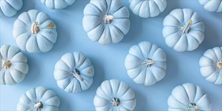 Banner with small pastel blue decorative pumpkins on blue background. Generative Ai, AI generated