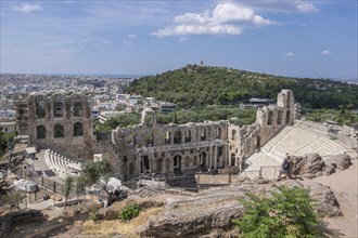 View from the Acropolis to the Odeon of Herodes Atticus and Athens, Greece, Europe