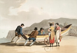 Scene from everyday life in England around 1810, fishermen pushing their boat onto the beach,