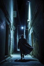 Man fleeing down a narrow dimly lit alleyway urban setting at nighttime, AI generated