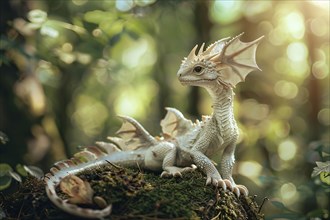 Small white dragon in forest. Generative Ai, AI generated