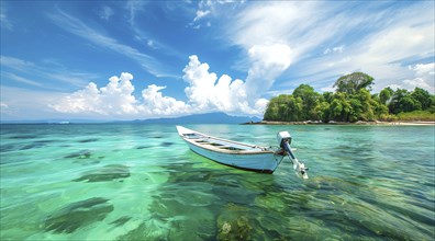 A boat in the ocean near a sandy beach with palm trees and clear water, AI generated