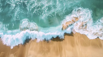 Drone bird's eye view of the ocean waves hitting the shore and sandy beach, AI generated