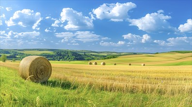 A field of golden wheat with a large hay ball in the foreground, AI generated