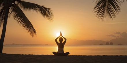 Early morning yoga session on a serene beach in sunrise, AI generated